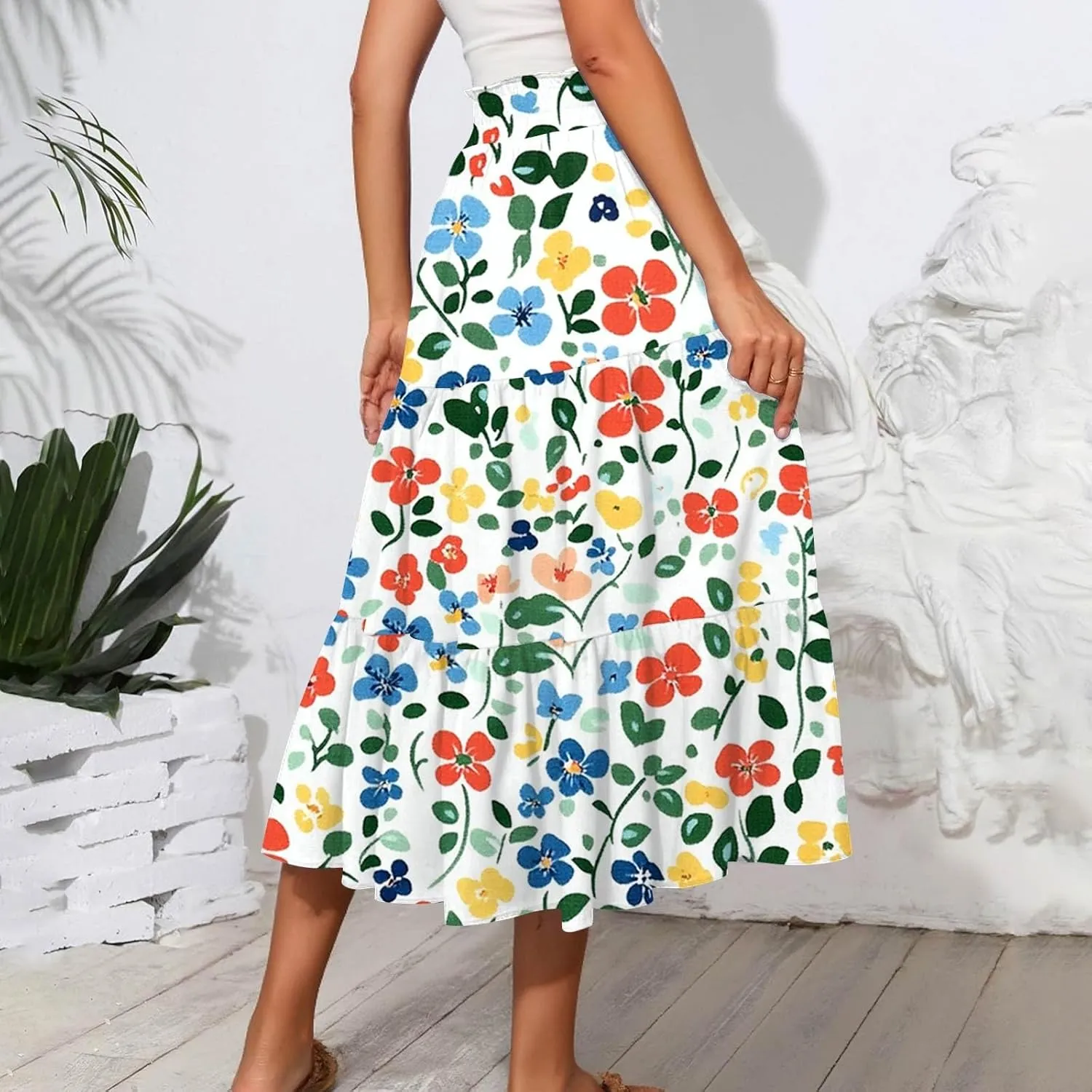 ADHOWBEW Maxi Skirts for Women Summer Beach Cotton Casual Floral Print Trendy Smocked High Waist Skirts