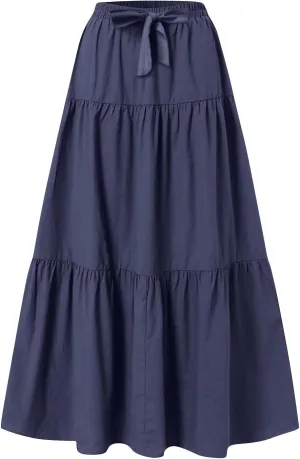 ADHOWBEW Skirts for Women Midi Length Sexy Trendy Flowy Casual Cotton Smocked Bohemian High Waist Skirts