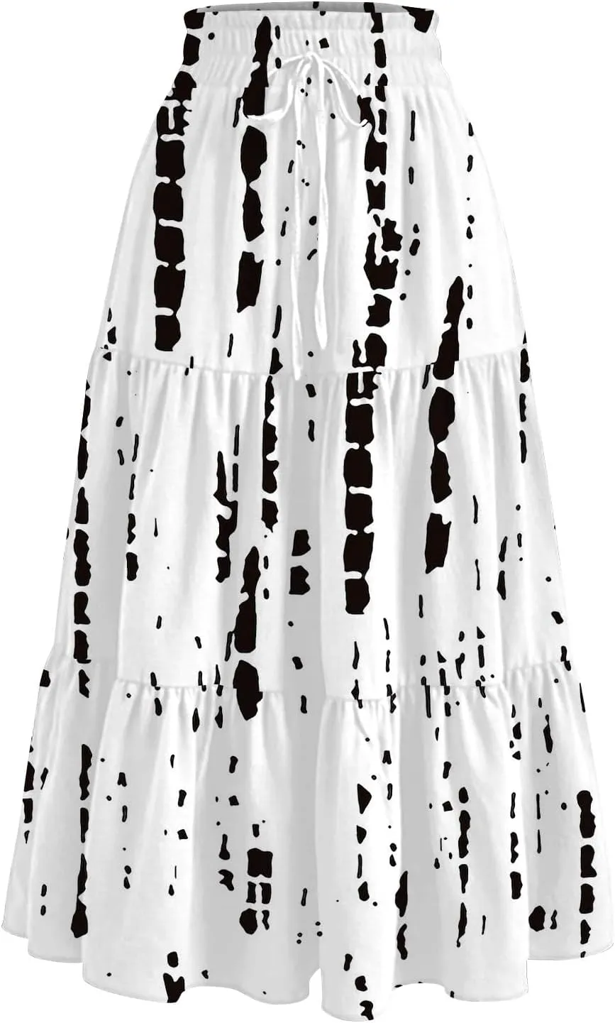 ADHOWBEW Skirts for Women Midi Length Summer Trendy Elastic Waist Smocked Beach High Waist Bohemian Skirts