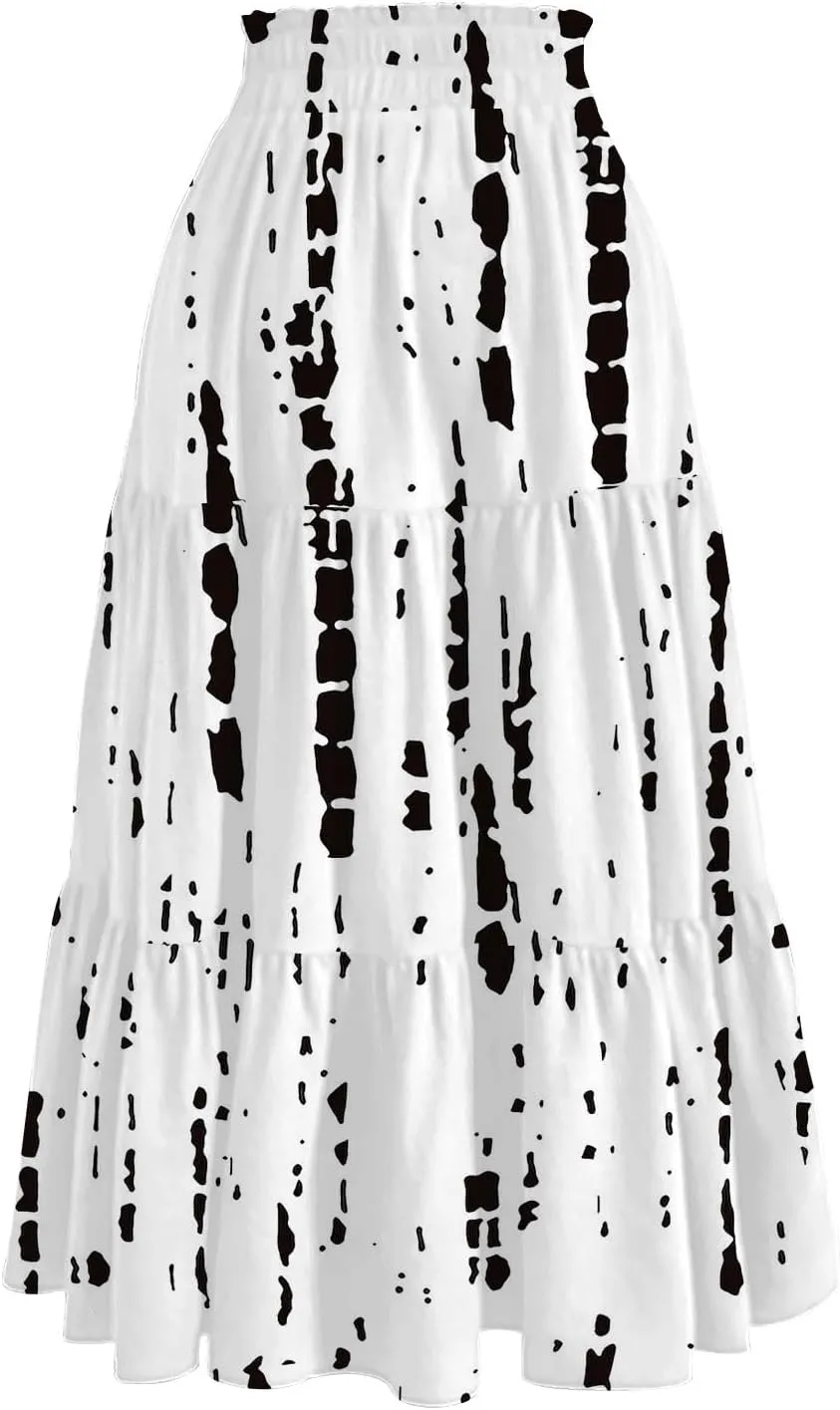 ADHOWBEW Skirts for Women Midi Length Summer Trendy Elastic Waist Smocked Beach High Waist Bohemian Skirts