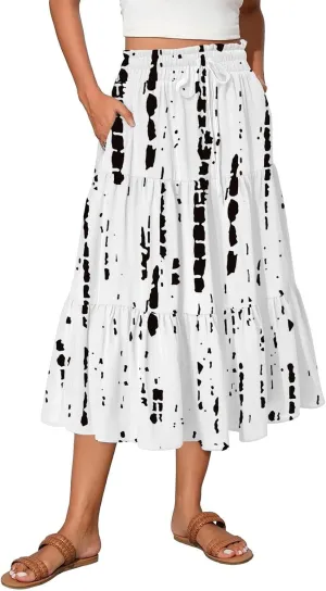 ADHOWBEW Skirts for Women Midi Length Summer Trendy Elastic Waist Smocked Beach High Waist Bohemian Skirts