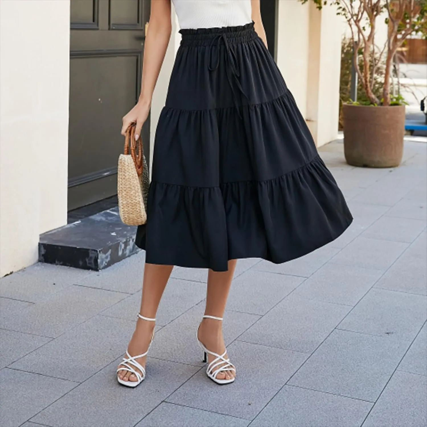 ADHOWBEW Summer Skirts for Women 2025 Pleated Casual Elastic Waist Smocked Boho Floral Trendy Vacation Sexy Flowy Skirt