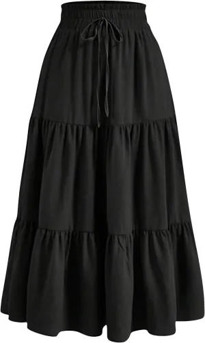 ADHOWBEW Summer Skirts for Women 2025 Pleated Casual Elastic Waist Smocked Boho Floral Trendy Vacation Sexy Flowy Skirt