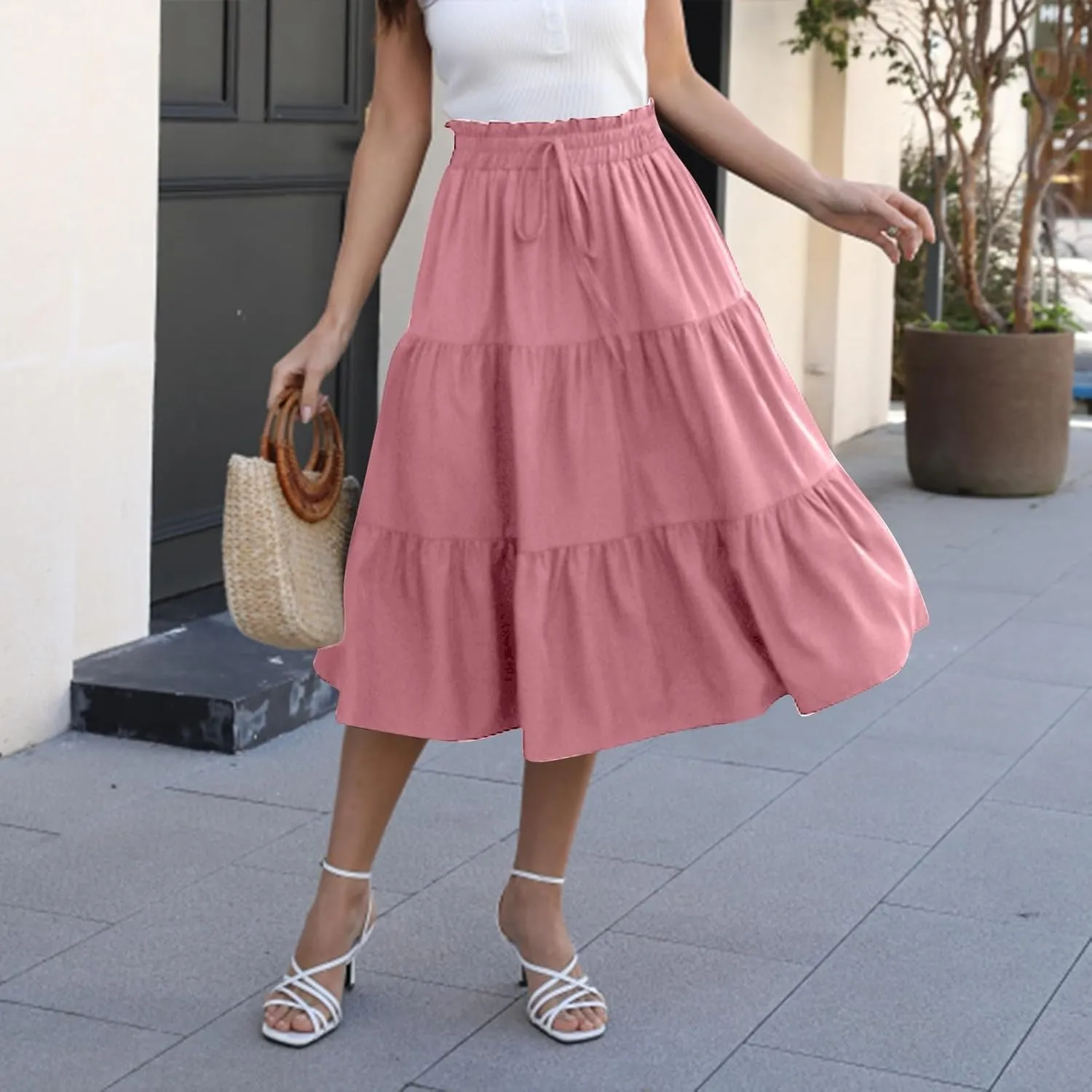ADHOWBEW Summer Skirts for Women 2025 Pleated Casual Elastic Waist Smocked Boho Floral Trendy Vacation Sexy Flowy Skirt