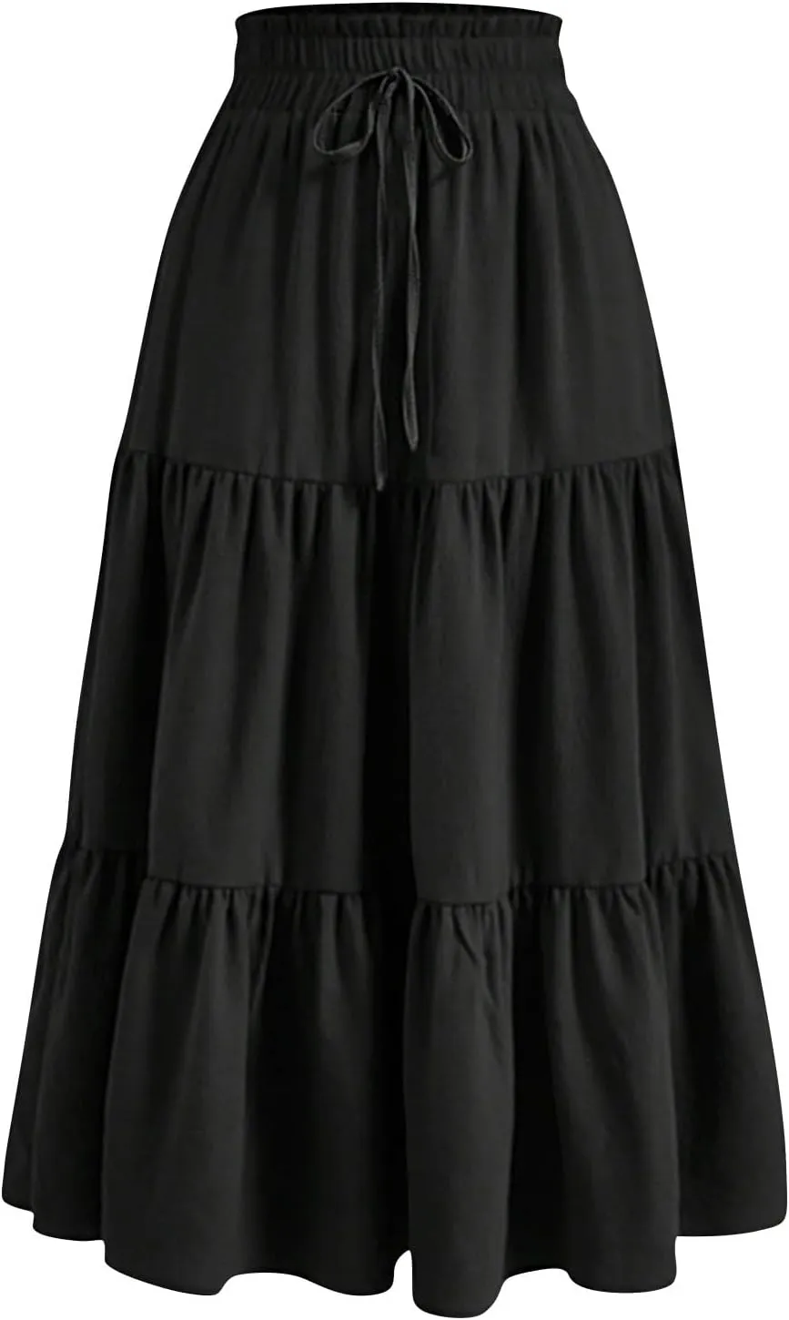 ADHOWBEW Summer Skirts for Women 2025 Pleated Casual Elastic Waist Smocked Boho Floral Trendy Vacation Sexy Flowy Skirt