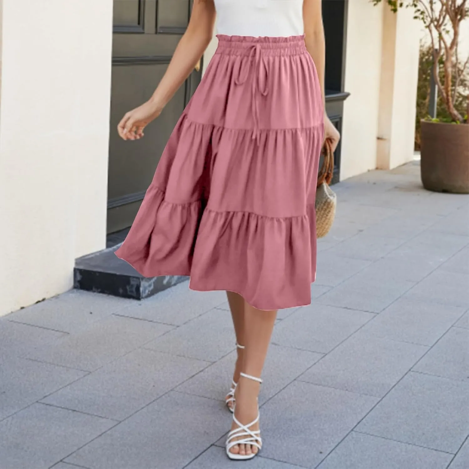 ADHOWBEW Summer Skirts for Women 2025 Pleated Casual Elastic Waist Smocked Boho Floral Trendy Vacation Sexy Flowy Skirt