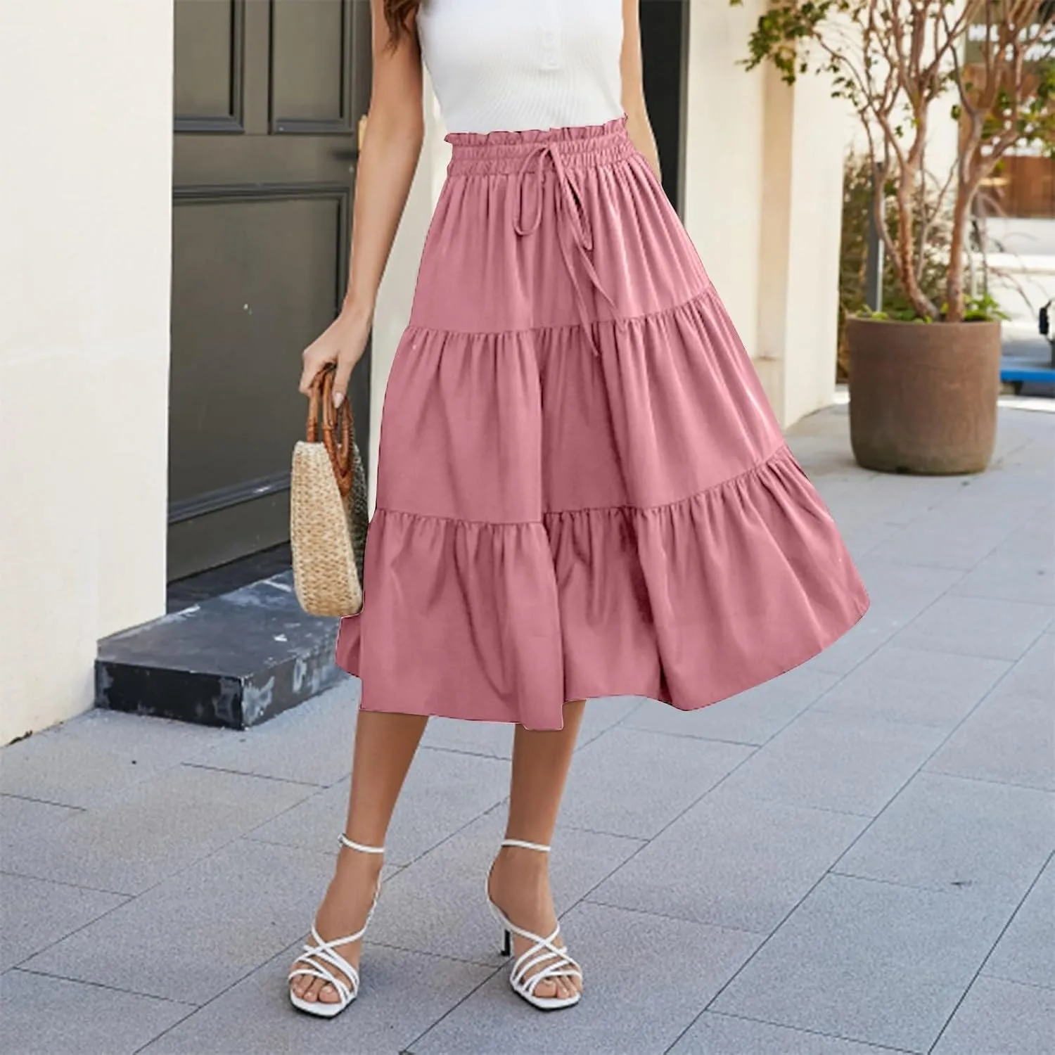 ADHOWBEW Summer Skirts for Women 2025 Pleated Casual Elastic Waist Smocked Boho Floral Trendy Vacation Sexy Flowy Skirt