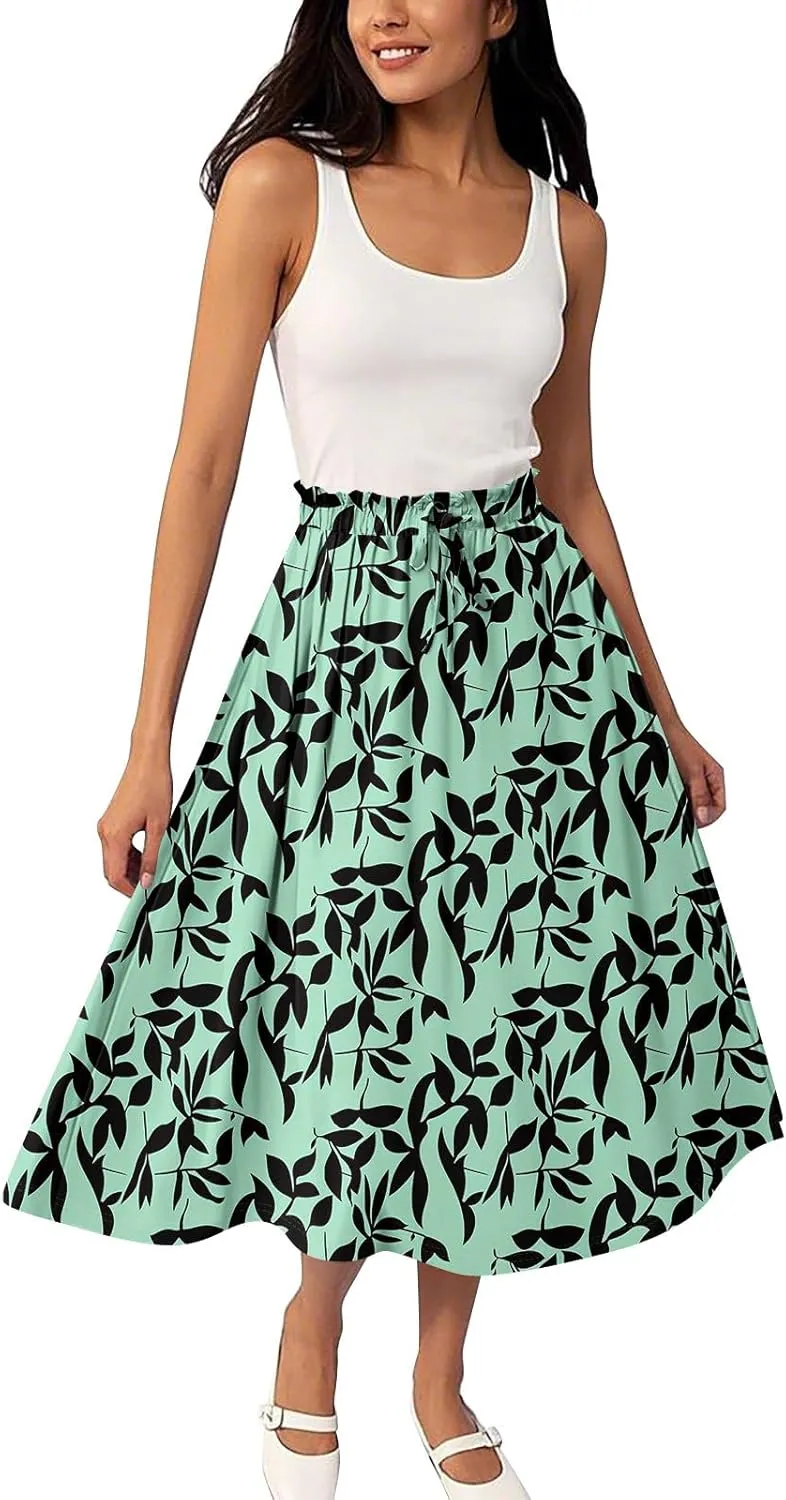 ADHOWBEW Womens Floral Maxi Skirt Summer Casual Smocked Sexy Elastic Waist Trendy Cotton Flowy Skirts