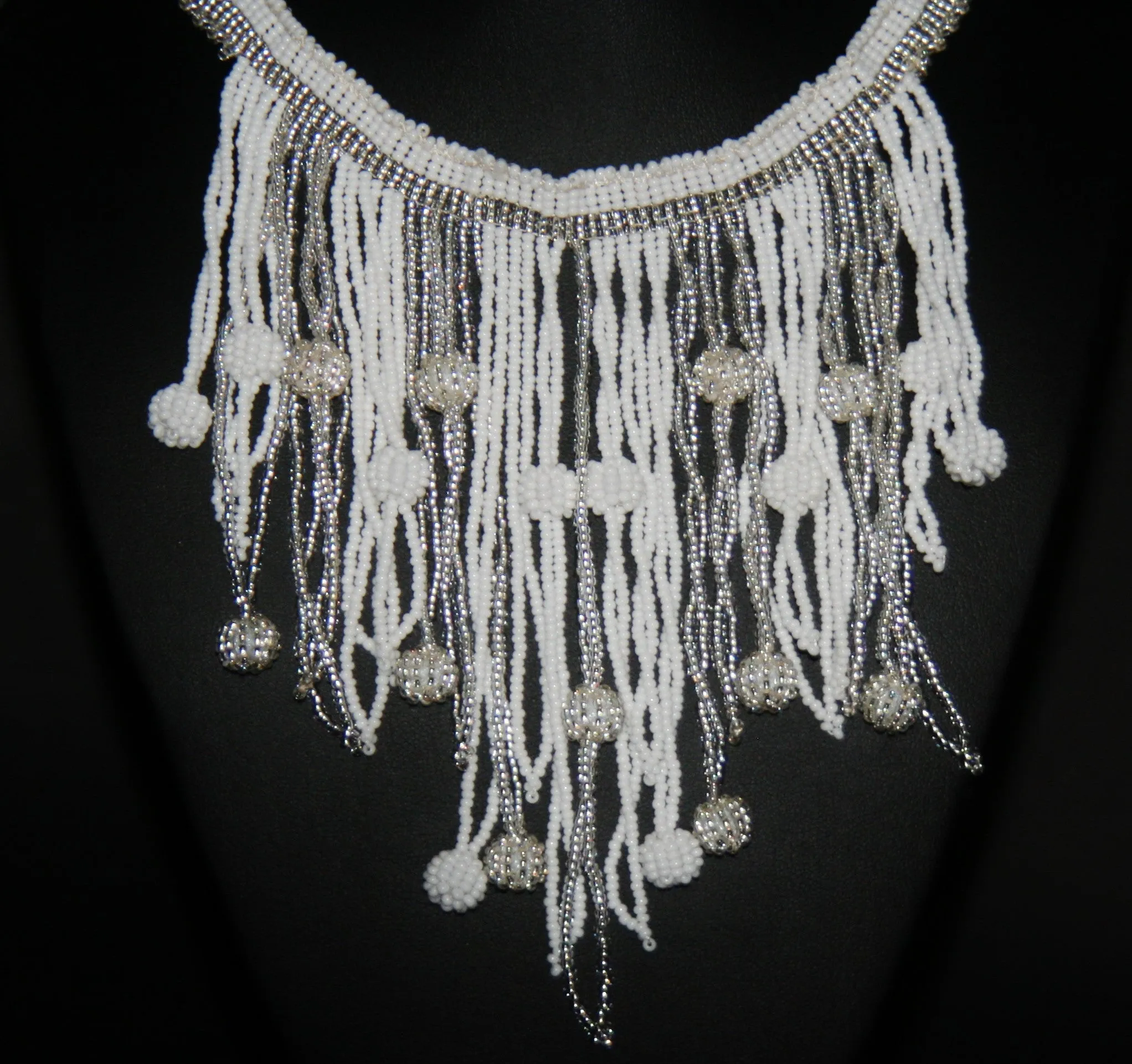 African Choker Beaded Cascade Necklace White Silver