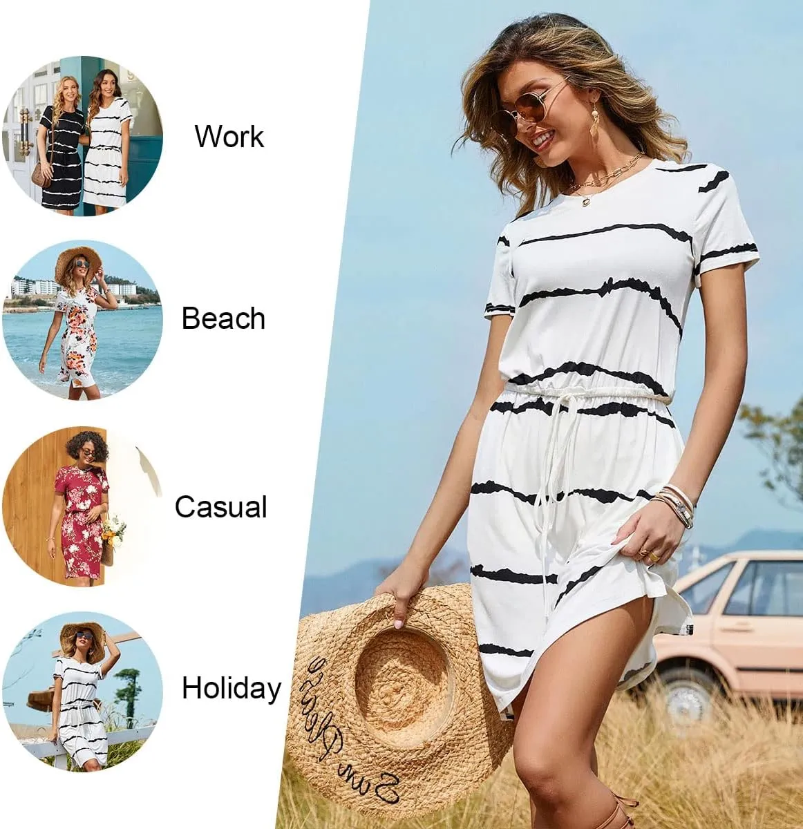 Anydoll Womens 2025 Casual Dresses Summer Short Sleeve Work T Shirt Dress with Pockets Hide Belly