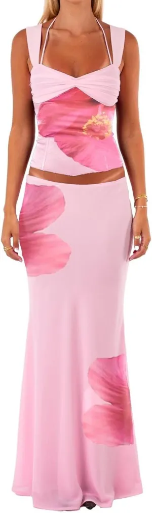 Argeousgor 2 Piece Maxi Skirt Set for Women Lace Up Back Tank Tops Tie Up High Waist Long Skirt Set