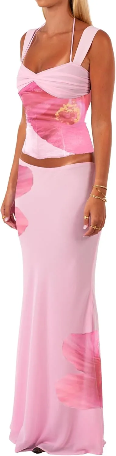 Argeousgor 2 Piece Maxi Skirt Set for Women Lace Up Back Tank Tops Tie Up High Waist Long Skirt Set