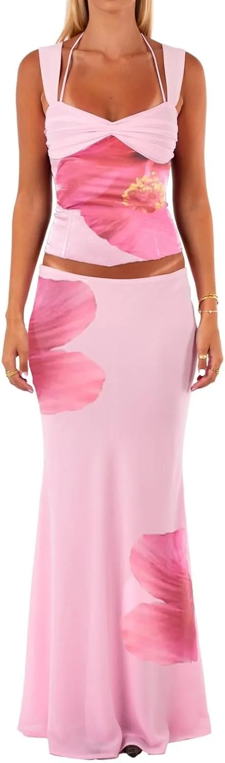 Argeousgor 2 Piece Maxi Skirt Set for Women Lace Up Back Tank Tops Tie Up High Waist Long Skirt Set