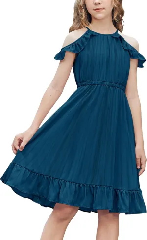 Arshiner Girls Dress Halter Neck Ruffle Sleeveless Formal Party Casual Summer Sundress for 5-14 Years