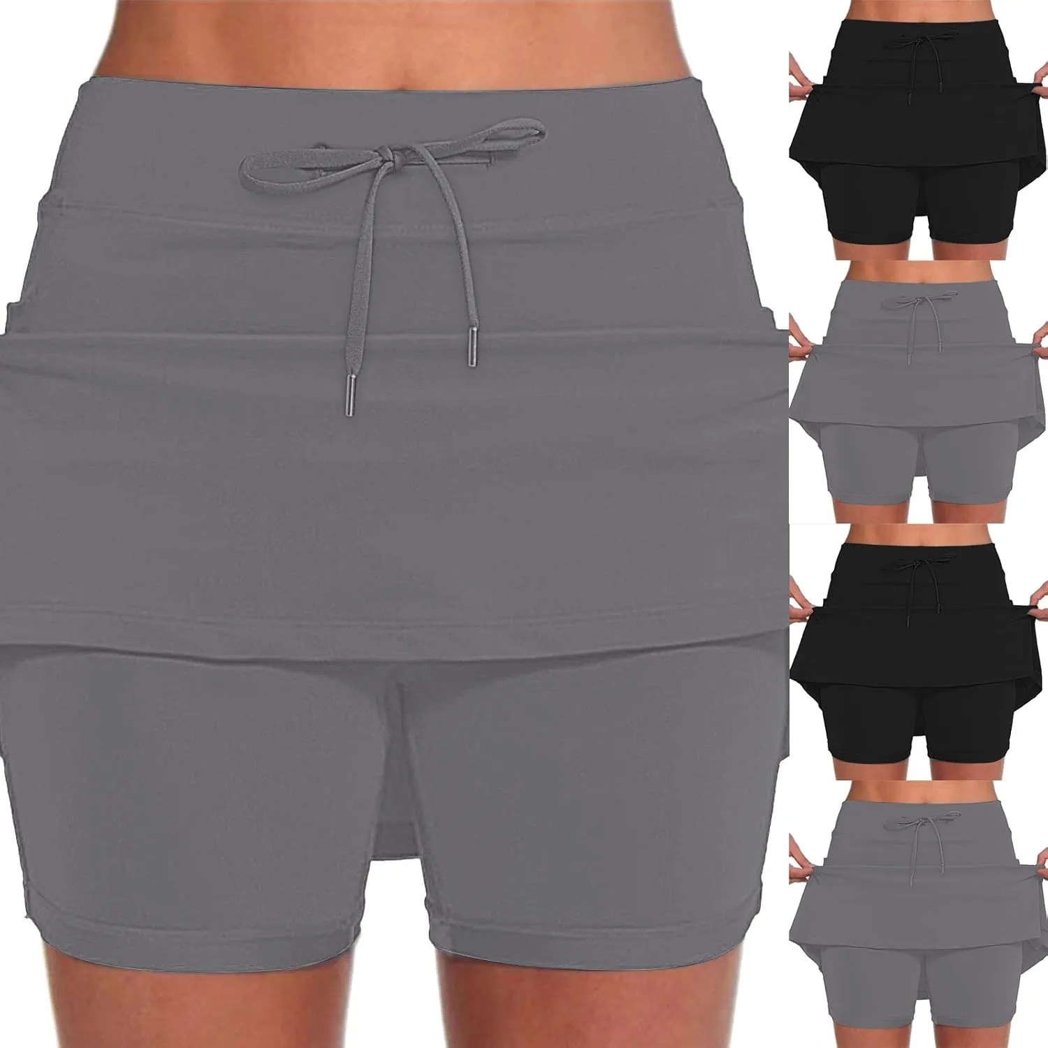 Athletic Skorts for Woman Elastic Hight Waist Drawstring Tennis Golf Skirt with Pockets Solid Color Yoga Shorts
