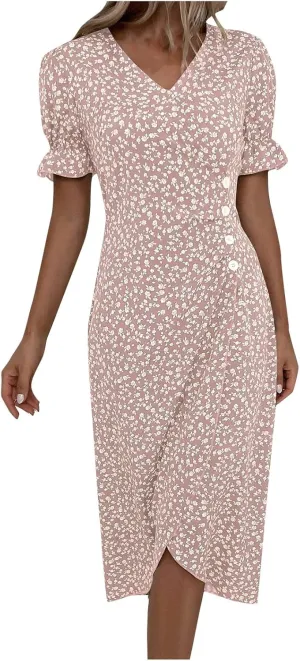 Beach Dresses for Women 2025 Vacation Spring Summer Boho Dress Short Sleeve V Neck Dresses Irregular Hem Midi Dress