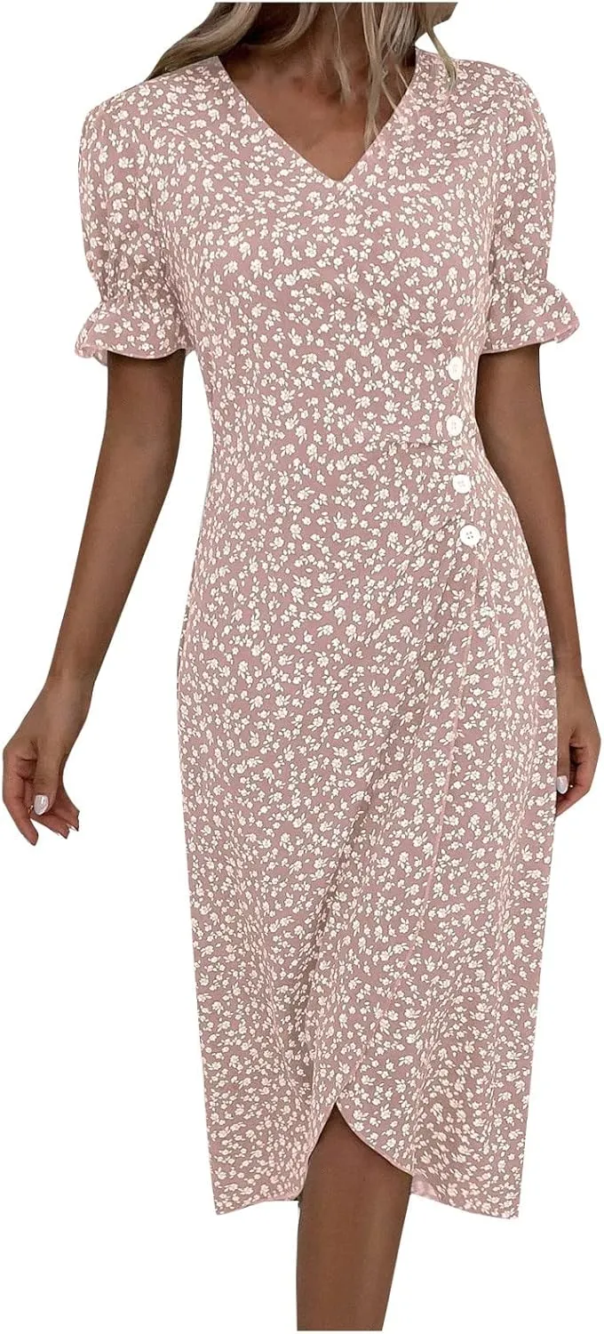 Beach Dresses for Women 2025 Vacation Spring Summer Boho Dress Short Sleeve V Neck Dresses Irregular Hem Midi Dress