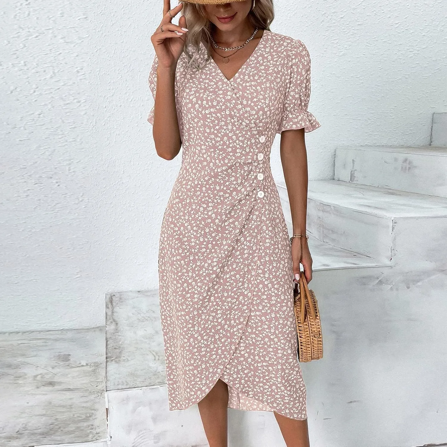 Beach Dresses for Women 2025 Vacation Spring Summer Boho Dress Short Sleeve V Neck Dresses Irregular Hem Midi Dress
