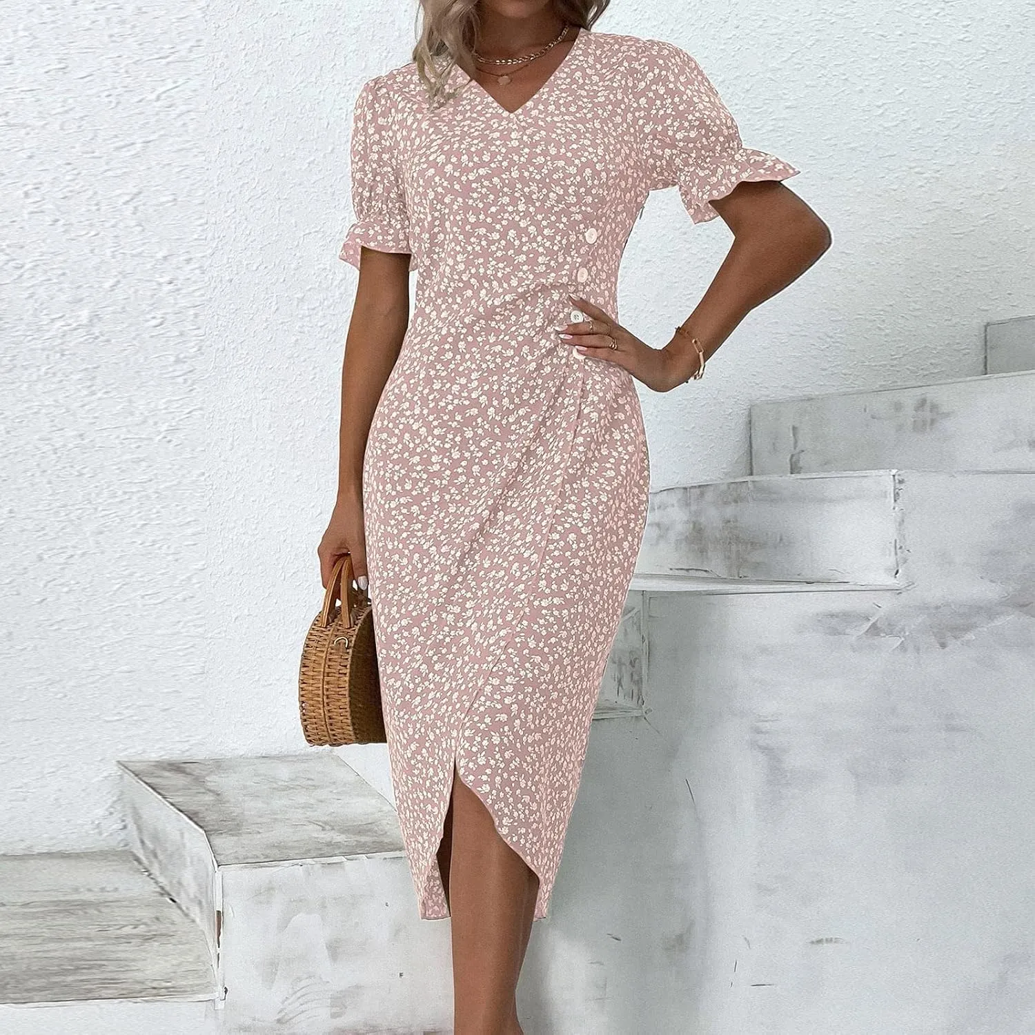 Beach Dresses for Women 2025 Vacation Spring Summer Boho Dress Short Sleeve V Neck Dresses Irregular Hem Midi Dress