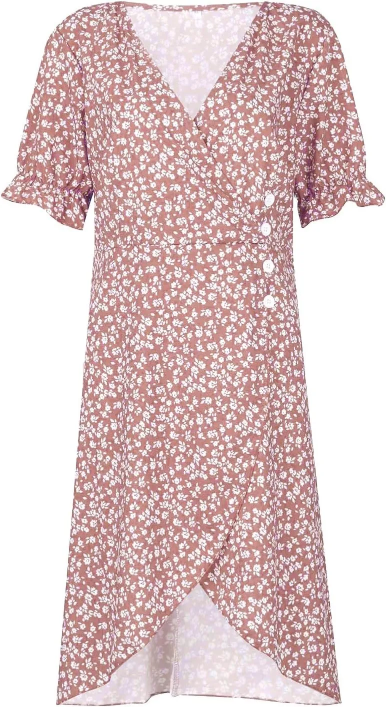 Beach Dresses for Women 2025 Vacation Spring Summer Boho Dress Short Sleeve V Neck Dresses Irregular Hem Midi Dress