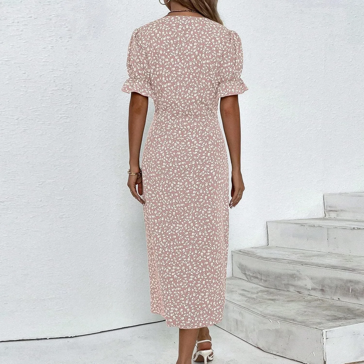 Beach Dresses for Women 2025 Vacation Spring Summer Boho Dress Short Sleeve V Neck Dresses Irregular Hem Midi Dress