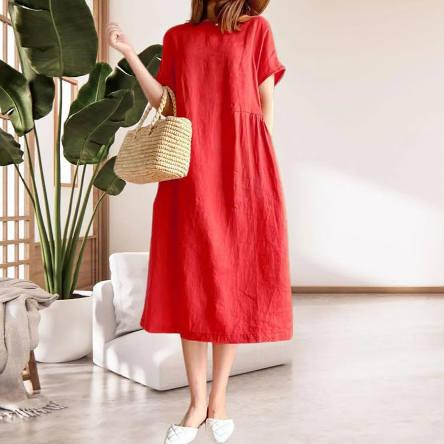 Beach Dresses for Women 2025 Vacation Summer Short Sleeve Cotton Linen Midi Dress Flowy Dresses Shirt Dress with Pocket