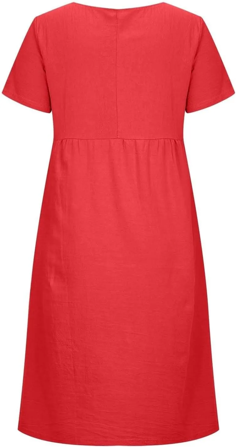 Beach Dresses for Women 2025 Vacation Summer Short Sleeve Cotton Linen Midi Dress Flowy Dresses Shirt Dress with Pocket
