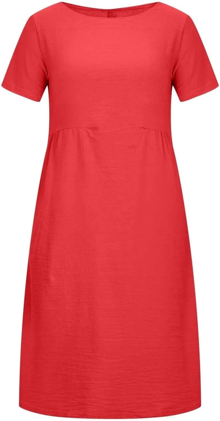 Beach Dresses for Women 2025 Vacation Summer Short Sleeve Cotton Linen Midi Dress Flowy Dresses Shirt Dress with Pocket