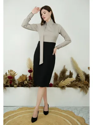 Beige Satin Glistening Neck Drape Dress