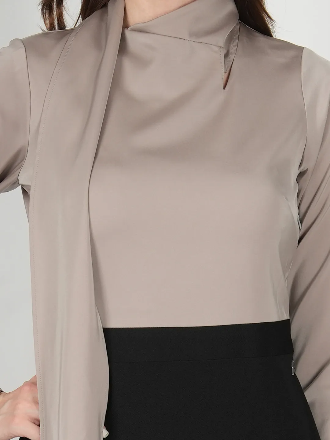 Beige Satin Glistening Neck Drape Dress