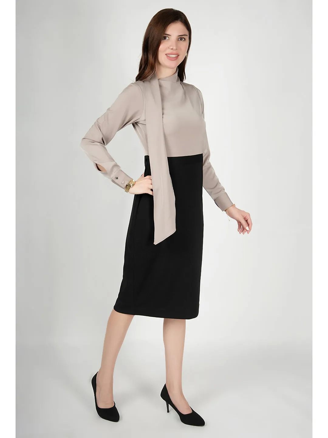 Beige Satin Glistening Neck Drape Dress