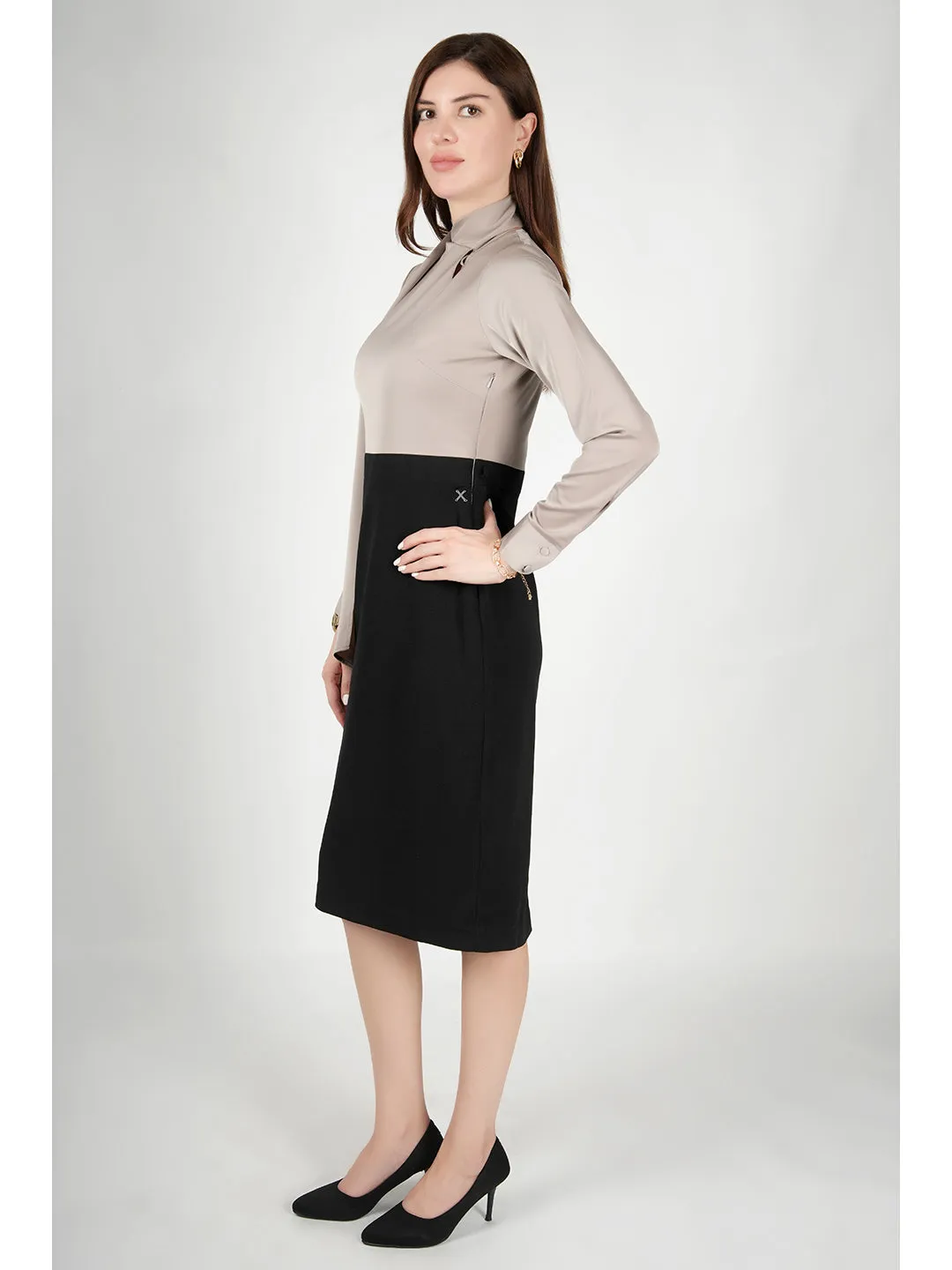 Beige Satin Glistening Neck Drape Dress