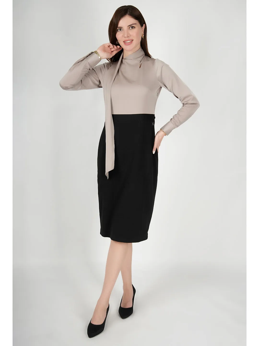 Beige Satin Glistening Neck Drape Dress
