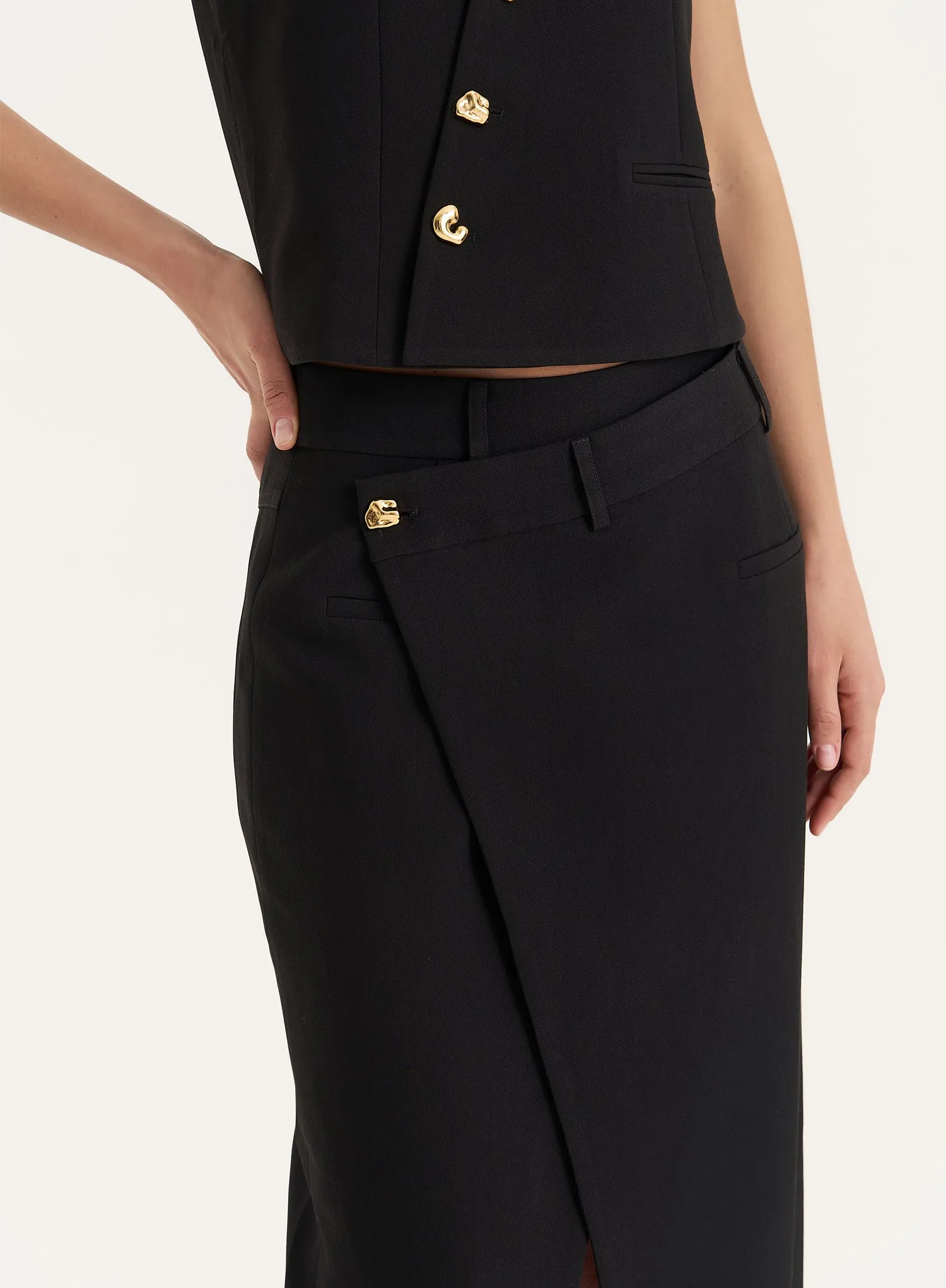 Black Asymmetric Waist Side Split Maxi Skirt- Brie
