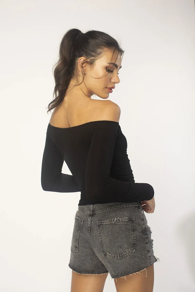 Black Off-Shoulder Ruched Top