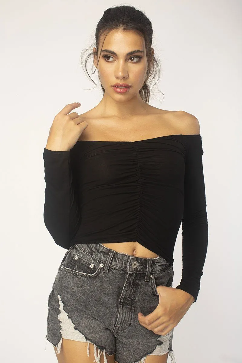 Black Off-Shoulder Ruched Top