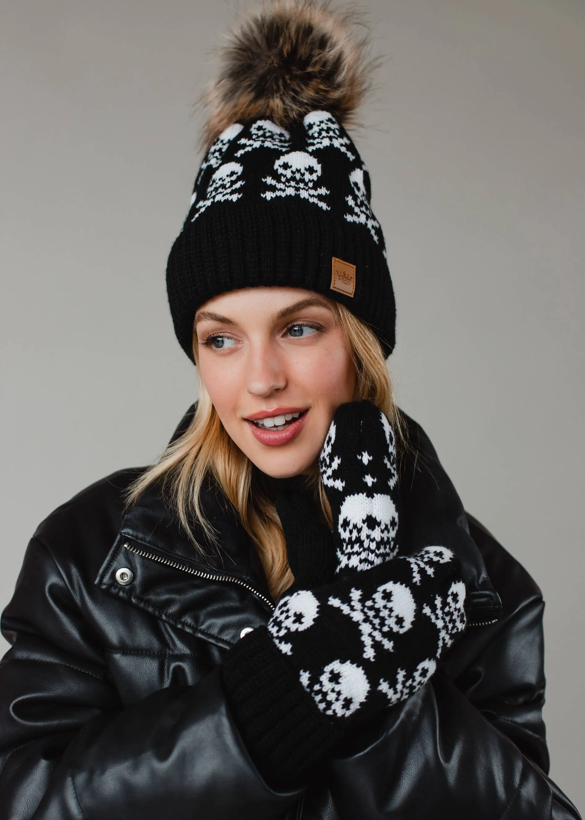 Black Skull Pattern Pom Hat