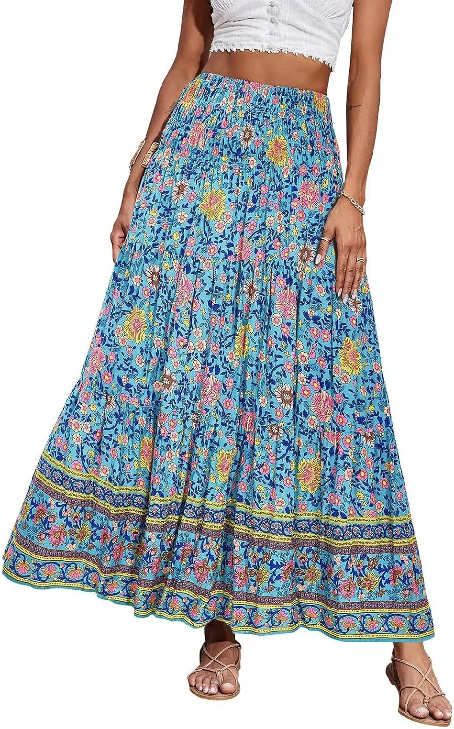 Bohemian Skirts for Women Elastic Waist Beach Floral Country Casual Business Pleated Peasant Smocked Vacation Trendy Skirts