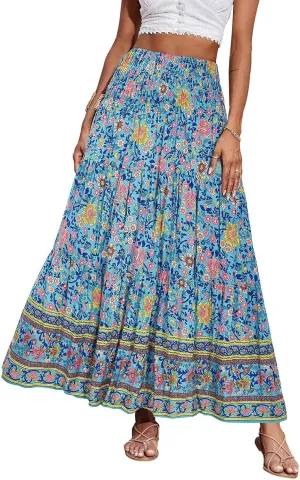 Bohemian Skirts for Women Elastic Waist Beach Floral Country Casual Business Pleated Peasant Smocked Vacation Trendy Skirts