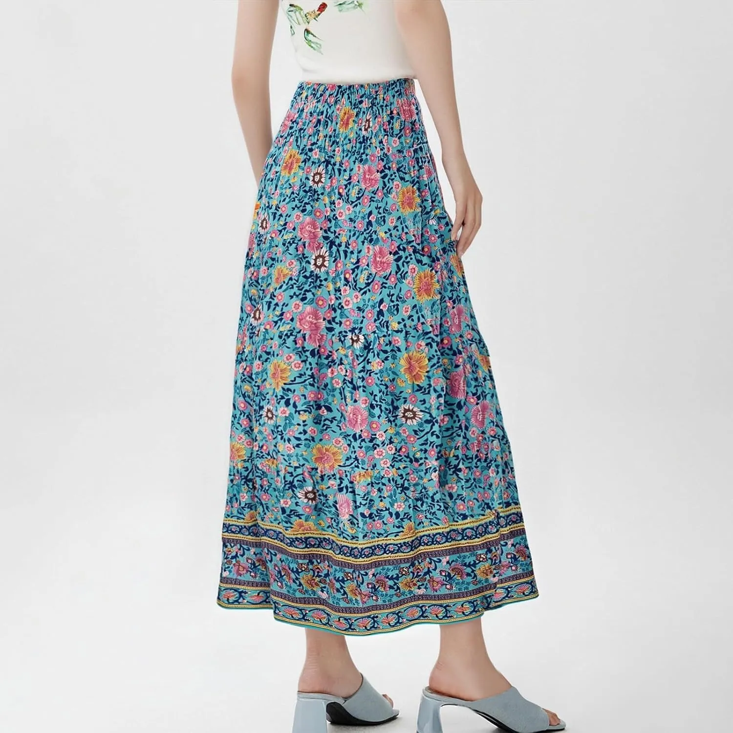 Bohemian Skirts for Women Elastic Waist Beach Floral Country Casual Business Pleated Peasant Smocked Vacation Trendy Skirts