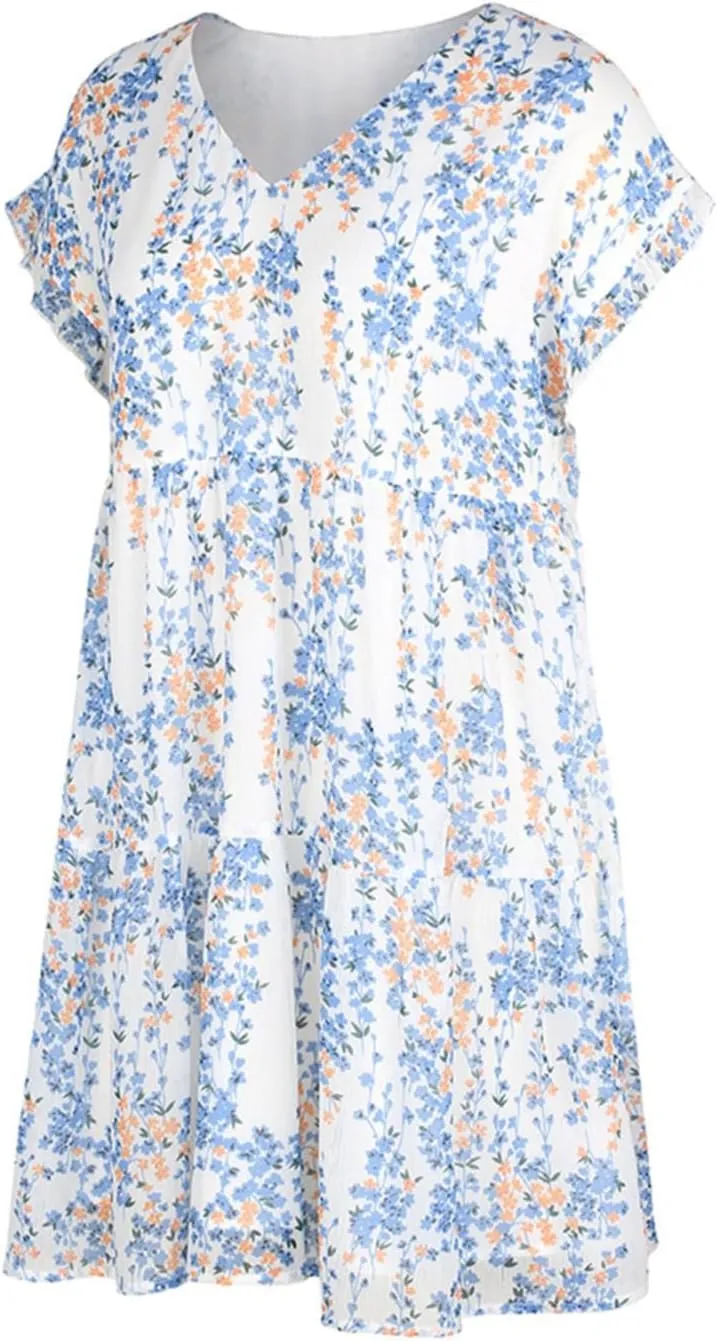 Boho Beach Dresses for Women Cute Floral V Neck Ruffle Sleeve Tiered Mini Dress Gift Boho Swimsuit Coverup for Women