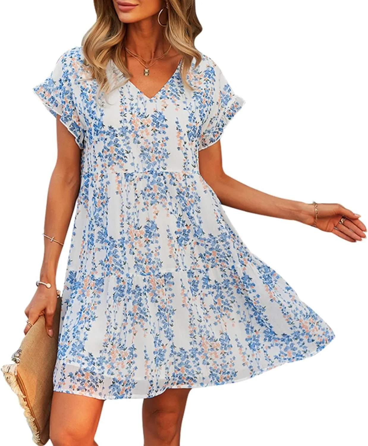 Boho Beach Dresses for Women Cute Floral V Neck Ruffle Sleeve Tiered Mini Dress Gift Boho Swimsuit Coverup for Women