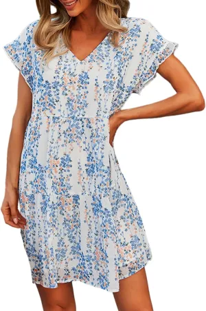Boho Beach Dresses for Women Cute Floral V Neck Ruffle Sleeve Tiered Mini Dress Gift Boho Swimsuit Coverup for Women