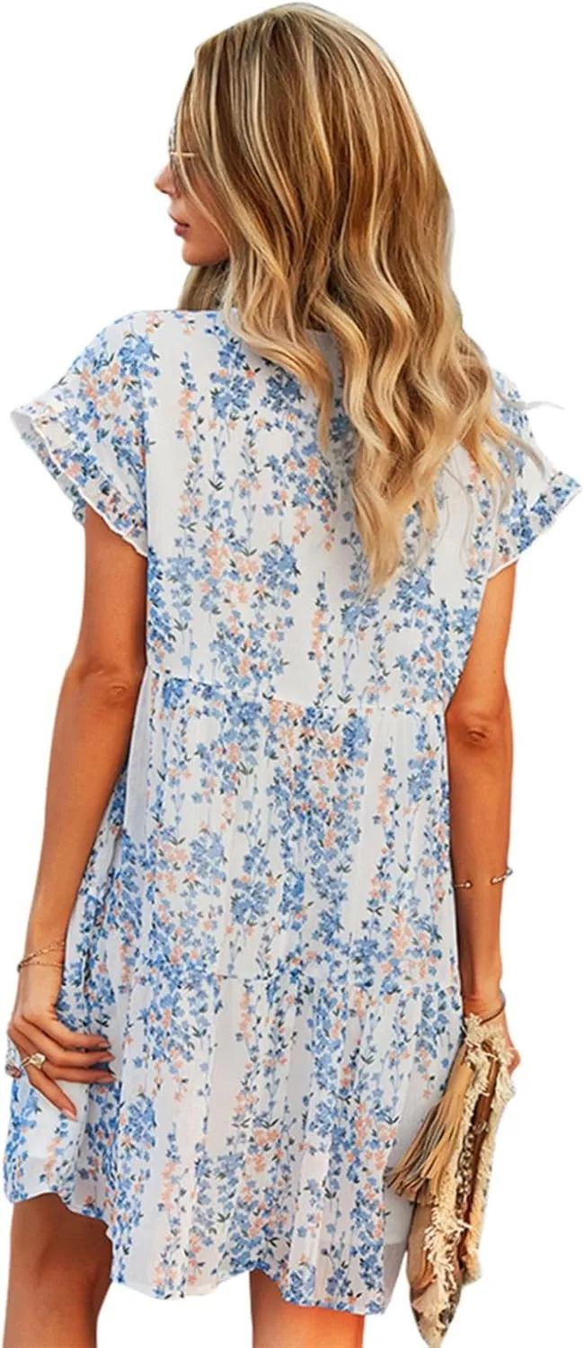 Boho Beach Dresses for Women Cute Floral V Neck Ruffle Sleeve Tiered Mini Dress Gift Boho Swimsuit Coverup for Women