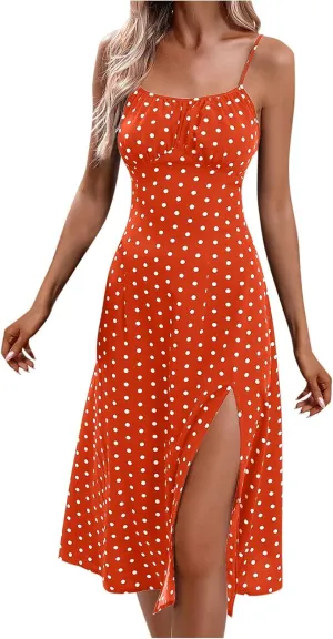 Boho Dresses for Women 2024 Milkmaid Sundress Spaghetti Strap Polka Dot Print Split Side Midi Dress Summer Beach Dress
