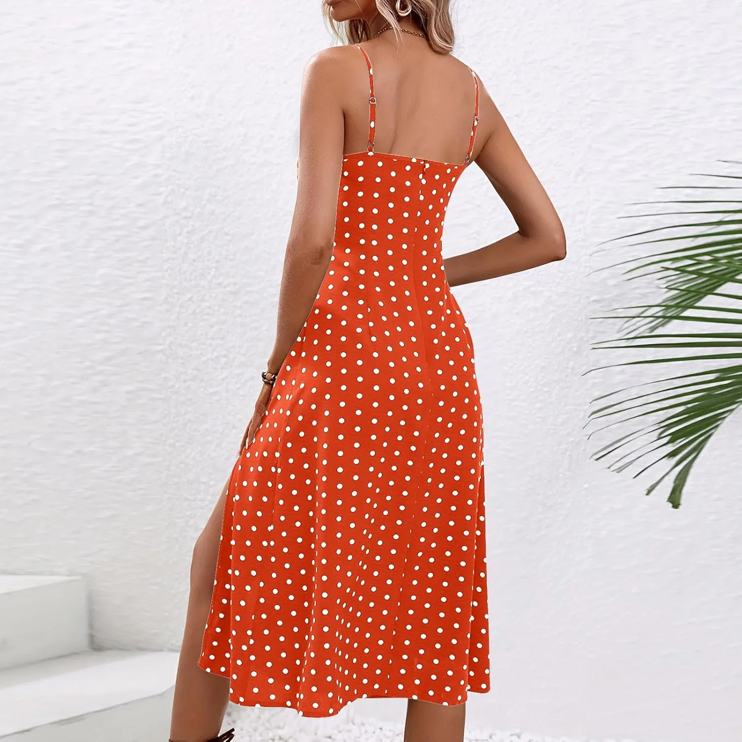 Boho Dresses for Women 2024 Milkmaid Sundress Spaghetti Strap Polka Dot Print Split Side Midi Dress Summer Beach Dress