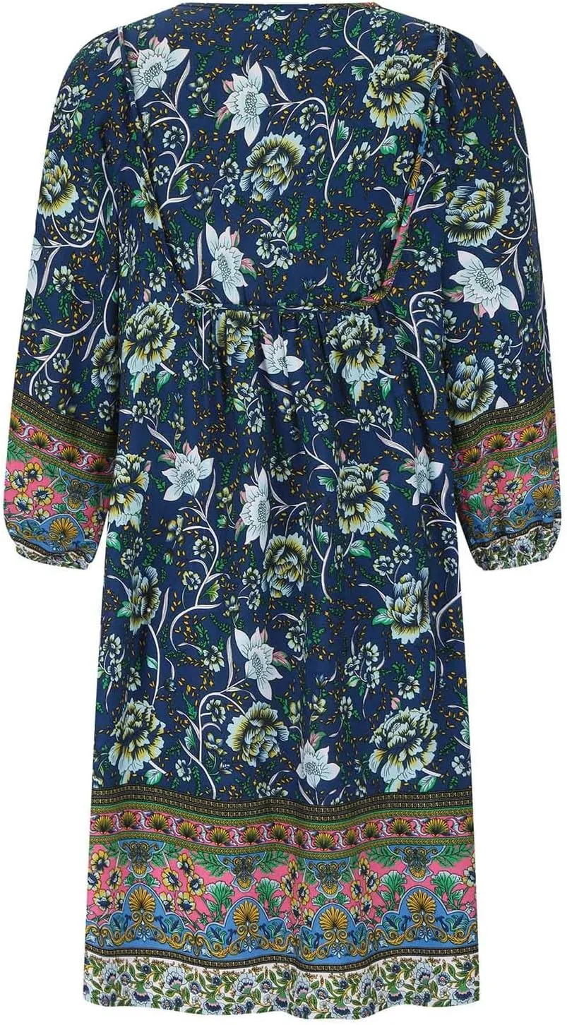 Boho Dresses for Women 2024 Summer Fashion 3/4 Sleeve V Neck Beach Sundress Casual Ruffle Floral Mini Dress