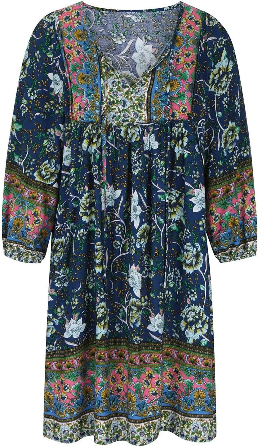 Boho Dresses for Women 2024 Summer Fashion 3/4 Sleeve V Neck Beach Sundress Casual Ruffle Floral Mini Dress