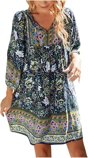 Boho Dresses for Women 2024 Summer Fashion 3/4 Sleeve V Neck Beach Sundress Casual Ruffle Floral Mini Dress