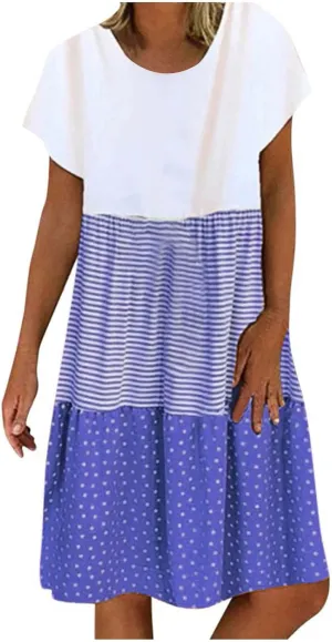 Boho Dresses for Women Trendy 2024 Casual Short Sleeve Summer Tshirt Dress Plus Size Color Block Swing Midi Sundress